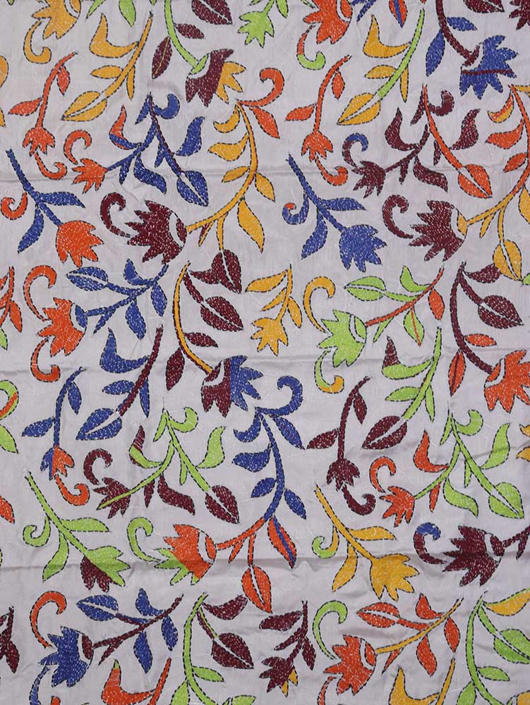 Off White Hand Embroidered Kantha Silk Fabric ( 1 Mtr ) - Luxurion World