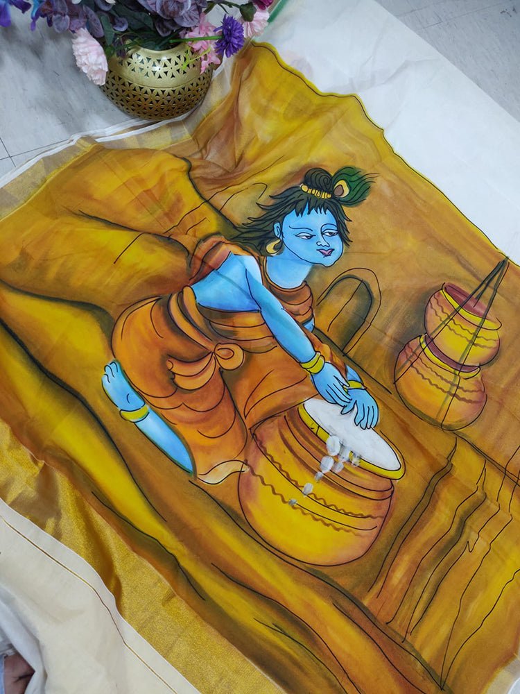 Off White Hand Painted Pure Kerala Cotton Saree - Luxurion World