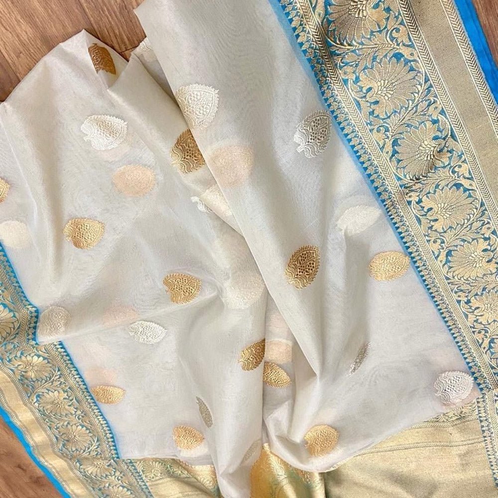 Off White Handloom Banarasi Pure Kora Silk Sona Roopa Saree - Luxurion World