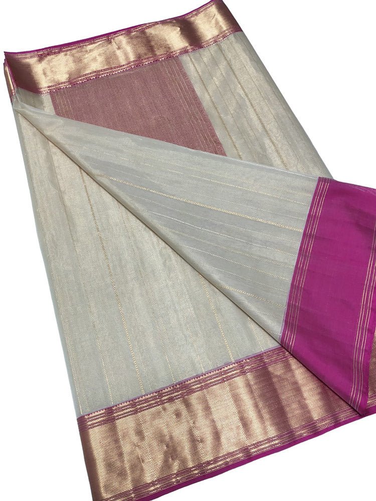 Off White Handloom Chanderi Pure Katan Tissue Silk Saree - Luxurion World