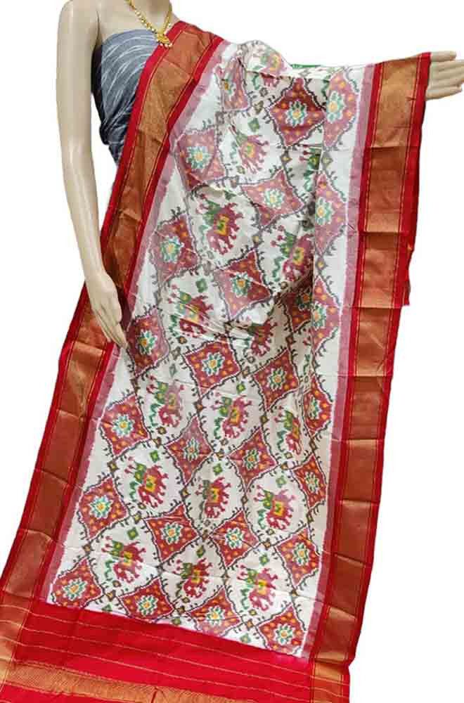 Off White Handloom Ikat Pure Silk Dupatta - Luxurion World