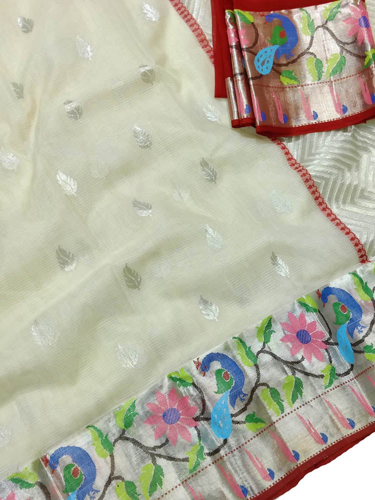 Off White Handloom Kota Doria Real Zari Peacock & Flower Design Saree - Luxurion World
