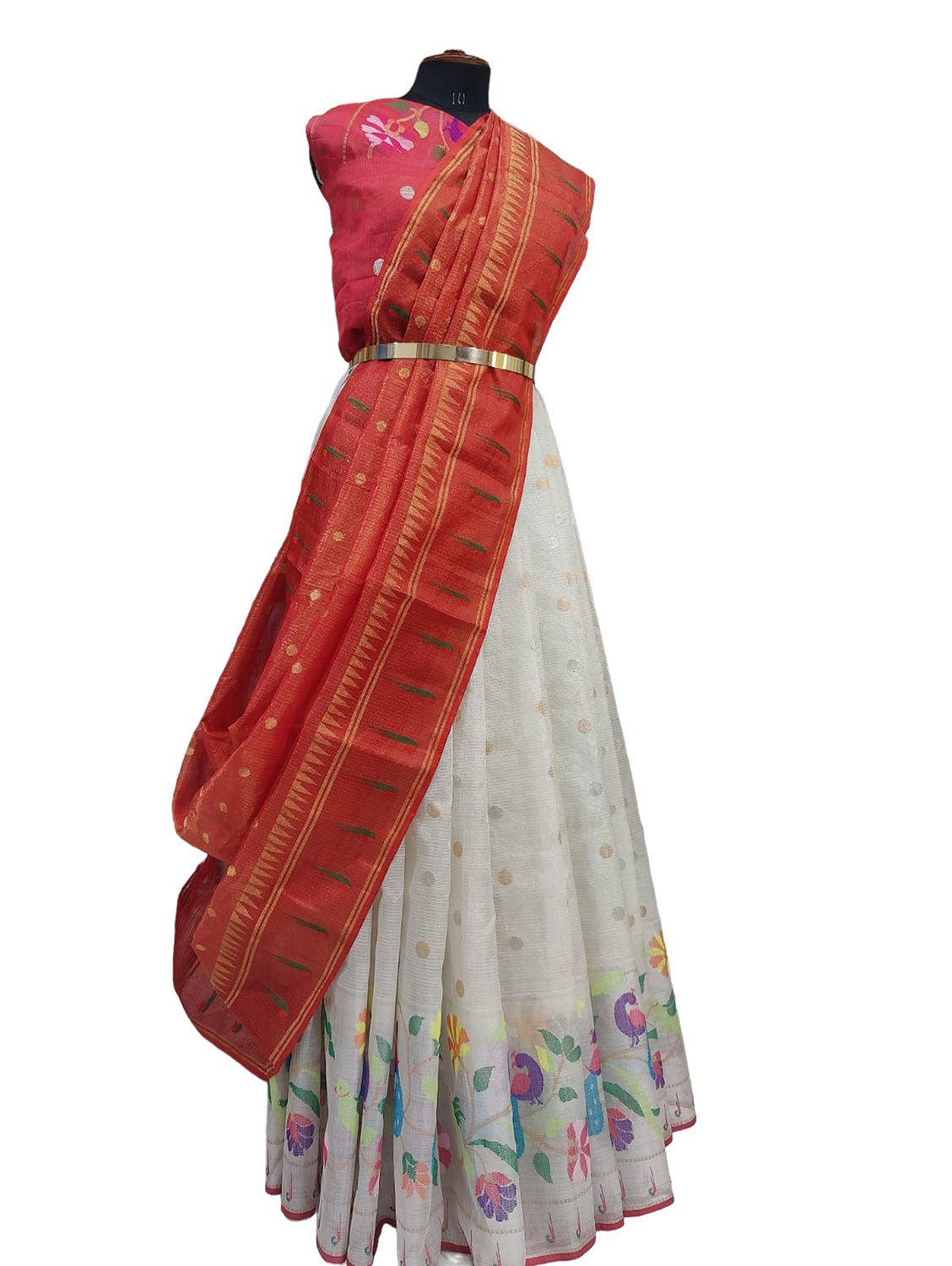 Off White Handloom Kota Doria Tissue Silk Unstitched Lehenga Set - Luxurion World