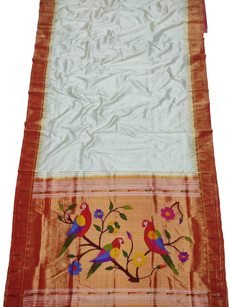 Off White Handloom Paithani Pure Silk Muniya Border Parrot Design Saree - Luxurion World