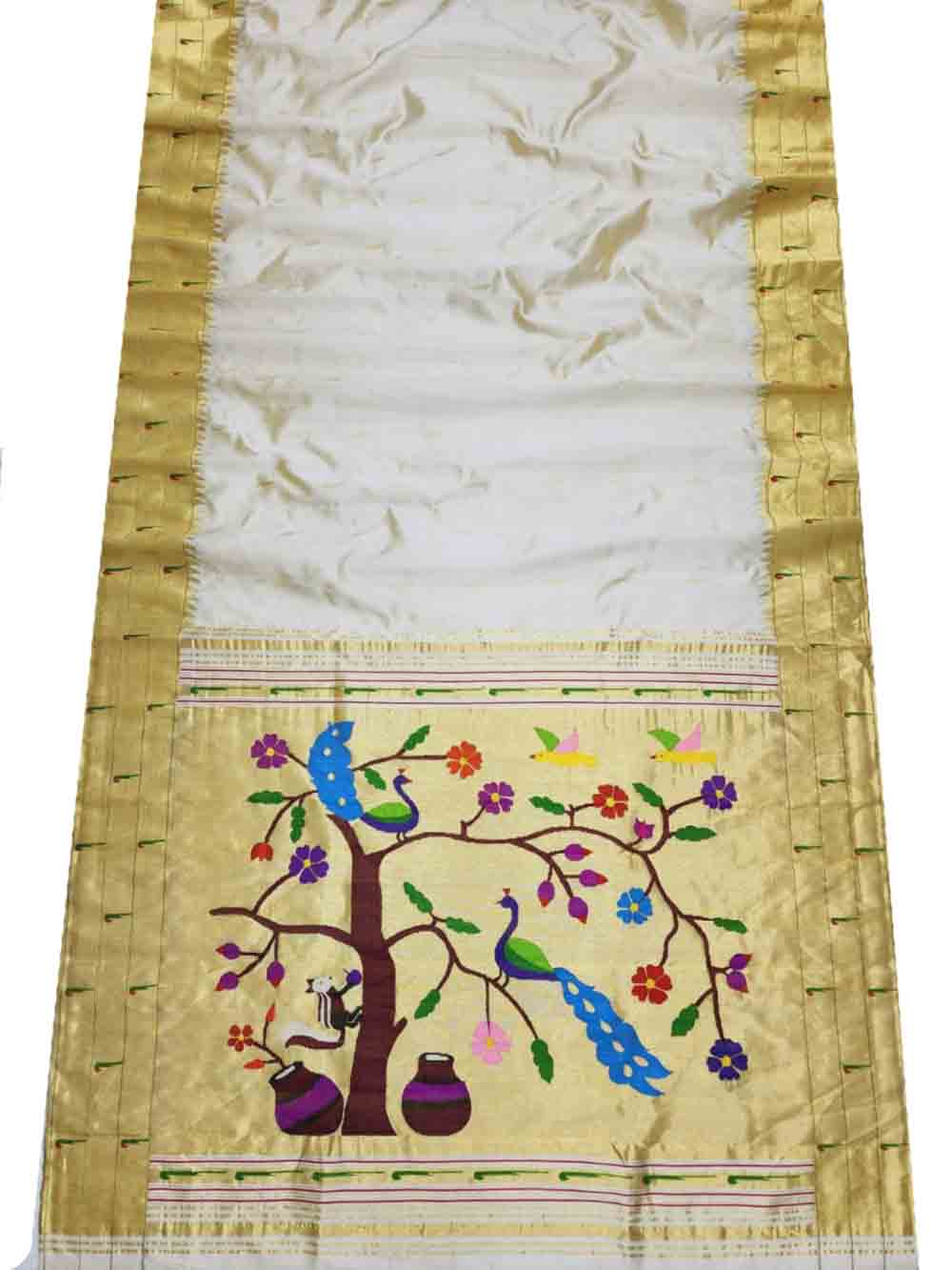 Off White Handloom Paithani Pure Silk Triple Muniya Border Peacock Design Saree - Luxurion World