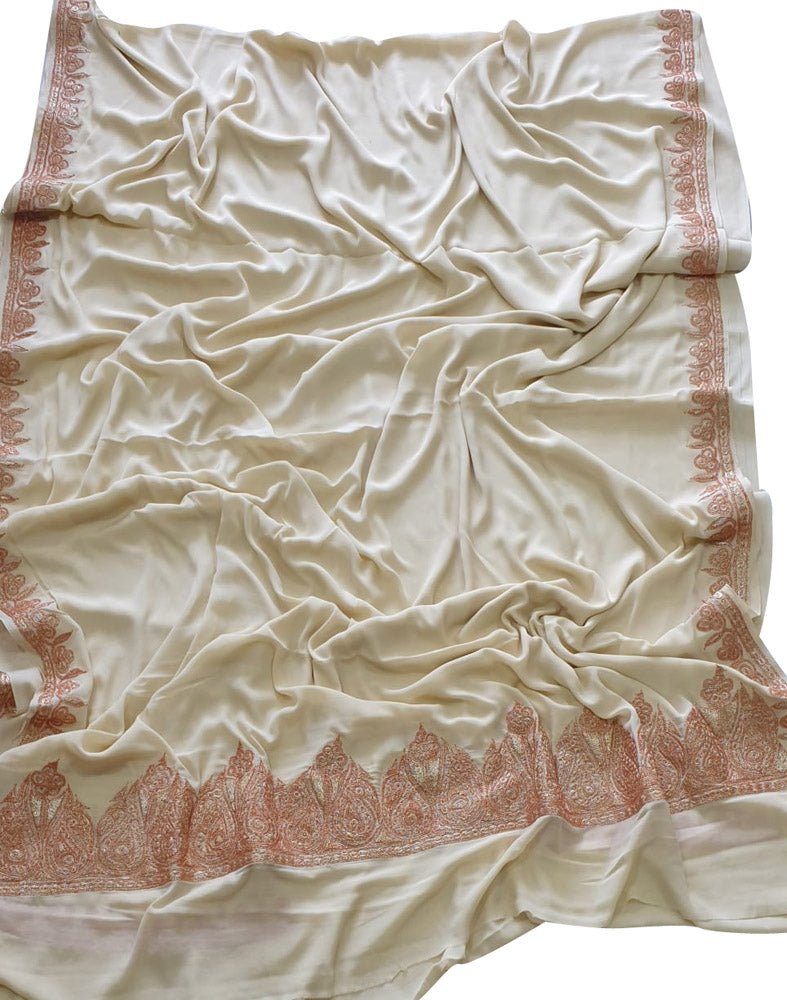 Off White Plain Embroidered Kashmiri Tila Work Crepe Saree - Luxurion World