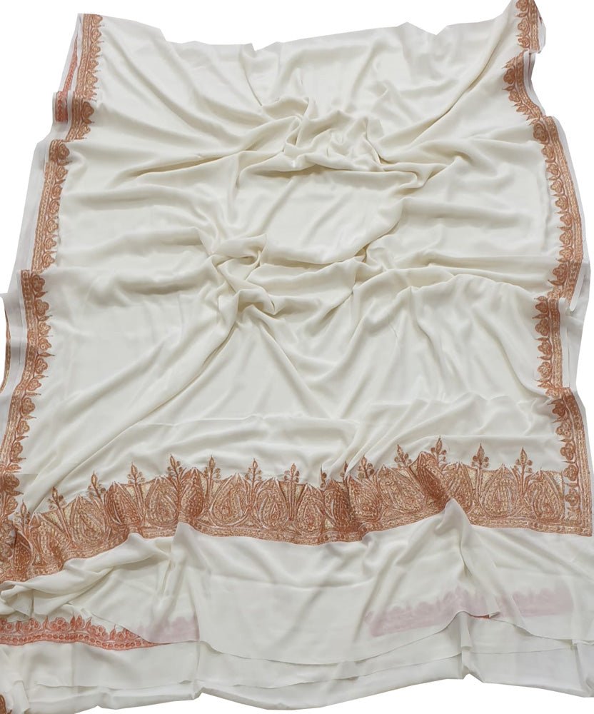 Off White Plain Embroidered Kashmiri Tila Work Crepe Saree - Luxurion World