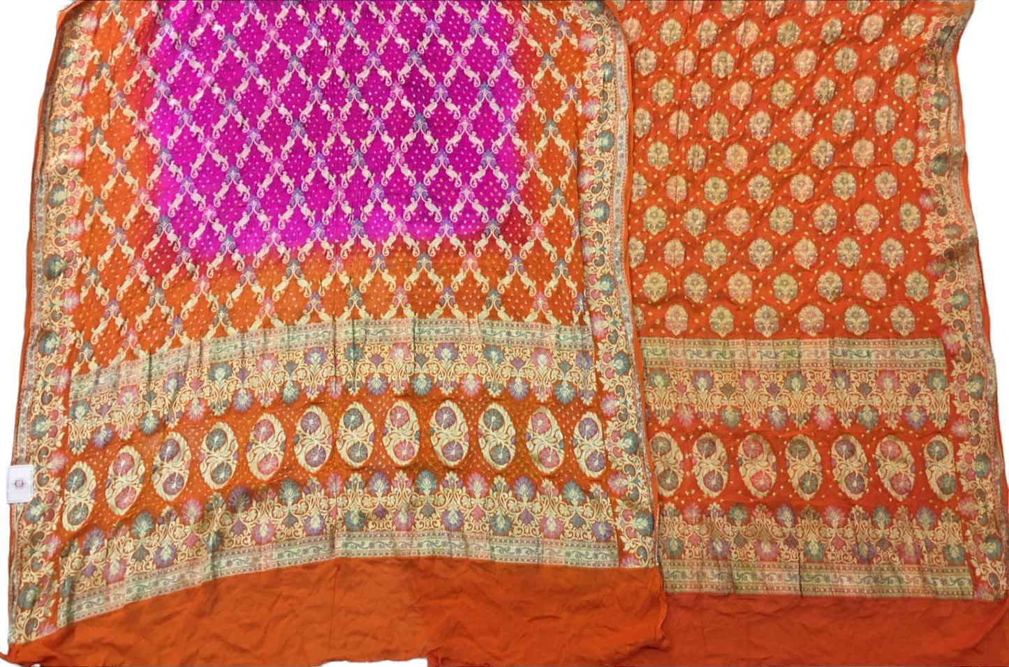 Orange And Pink Banarasi Bandhani Pure Georgette Three Piece Unstitched Suit Set - Luxurion World