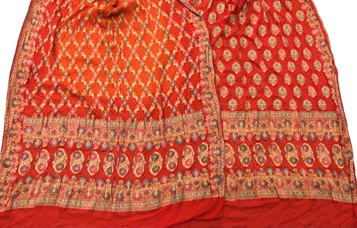 Orange Banarasi Bandhani Pure Georgette Three Piece Unstitched Suit Set - Luxurion World