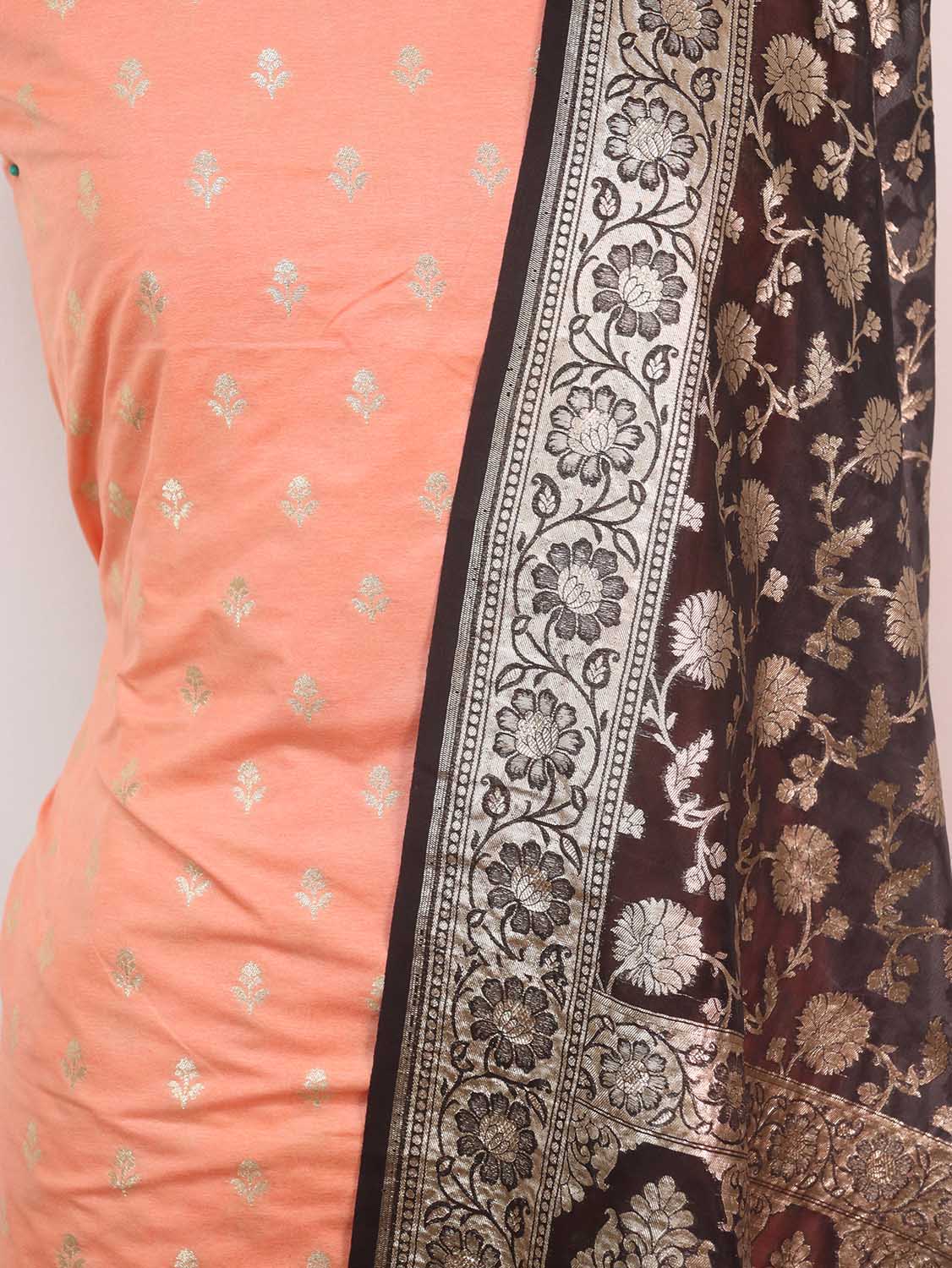 Orange Banarasi Dupion Silk Suit With Grey Banarasi Organza Dupatta - Luxurion World
