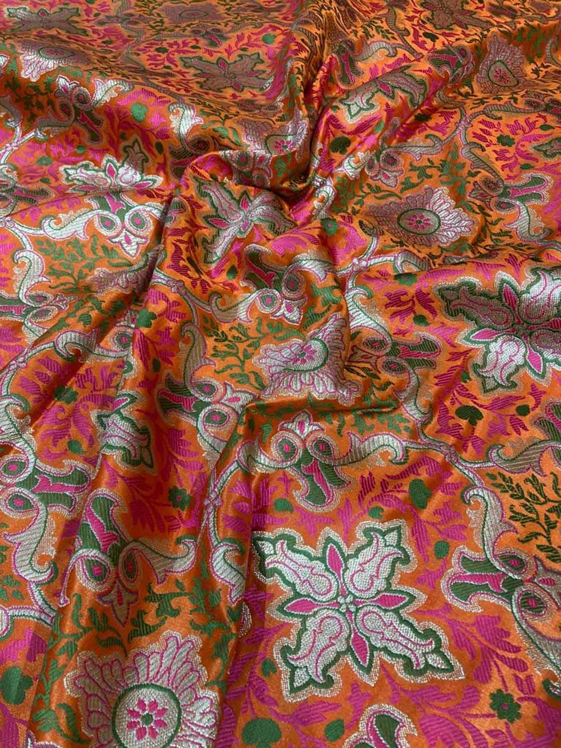 Orange Banarasi Kimkhwab Silk Fabric ( 1 Mtr ) - Luxurion World