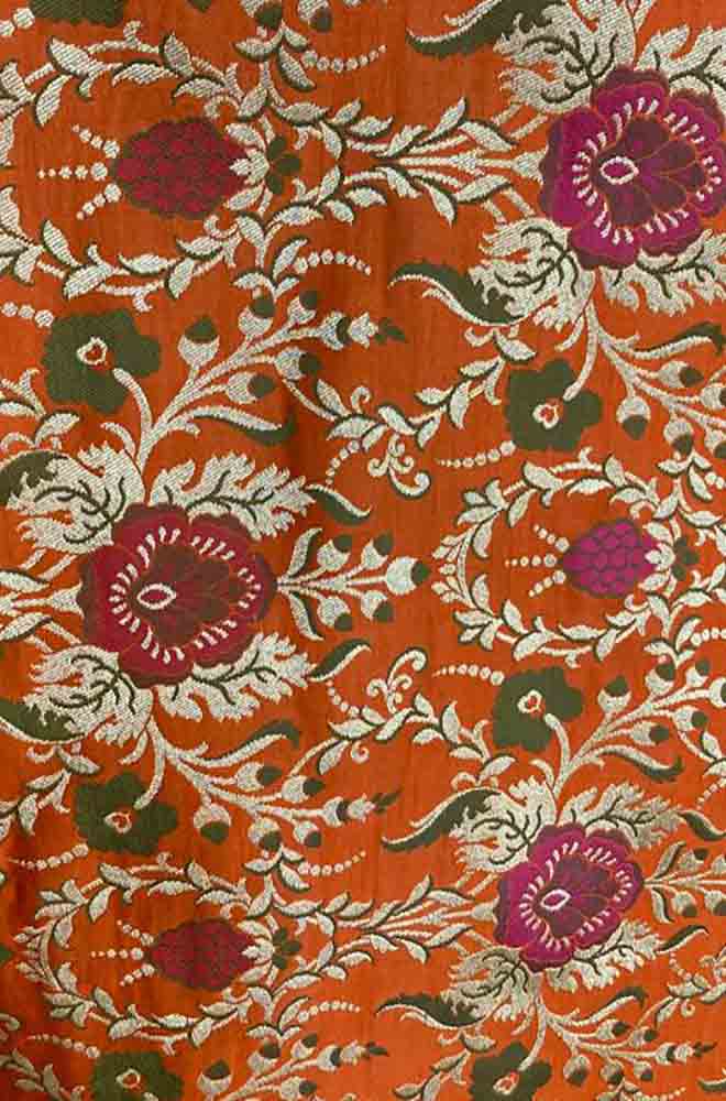 Orange Banarasi KimKhwab Silk Meenakari Fabric ( 1 Mtr ) - Luxurion World