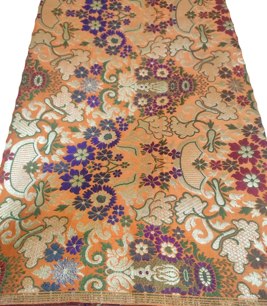 Orange Banarasi Kimkhwab Silk Meenakari Fabric ( 1 Mtr ) - Luxurion World