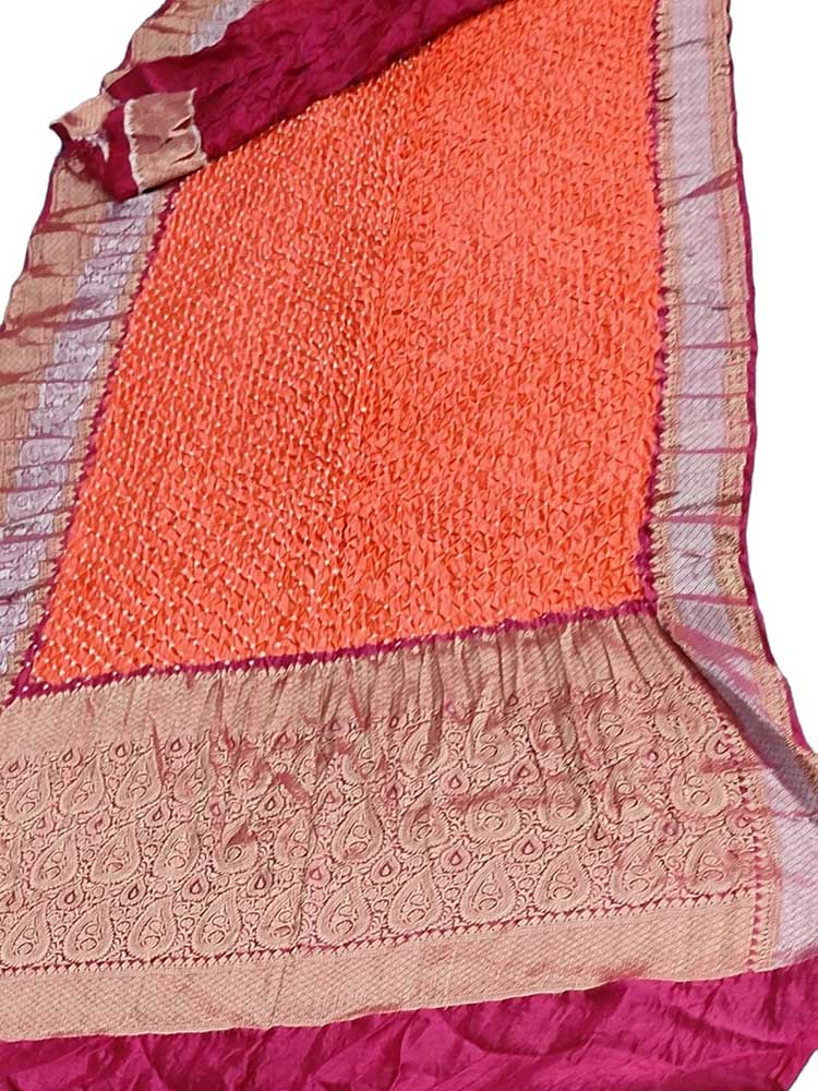 Orange Bandhani Pure Silk Kanjeevaram Border Saree - Luxurion World