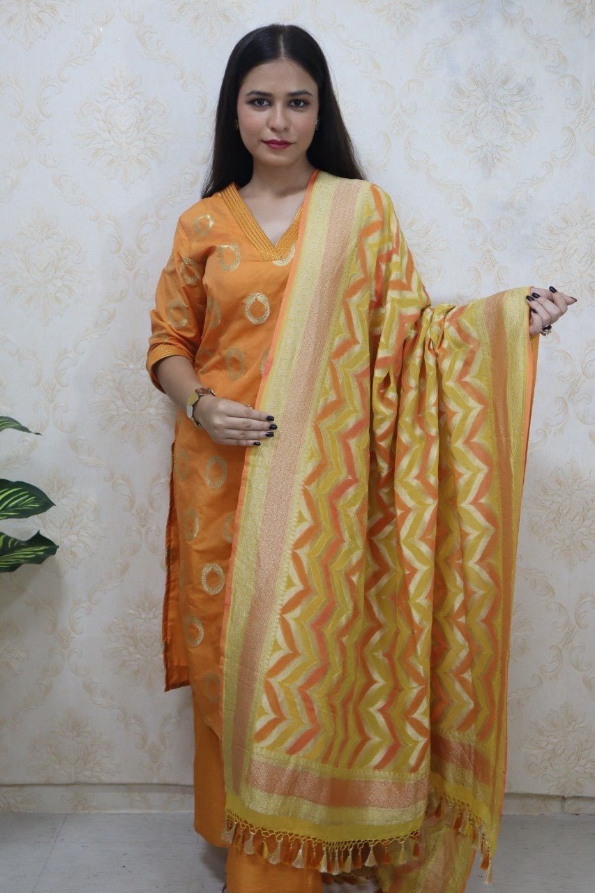 Orange Brocade V Neck Kurti With Straight Pant - Luxurion World