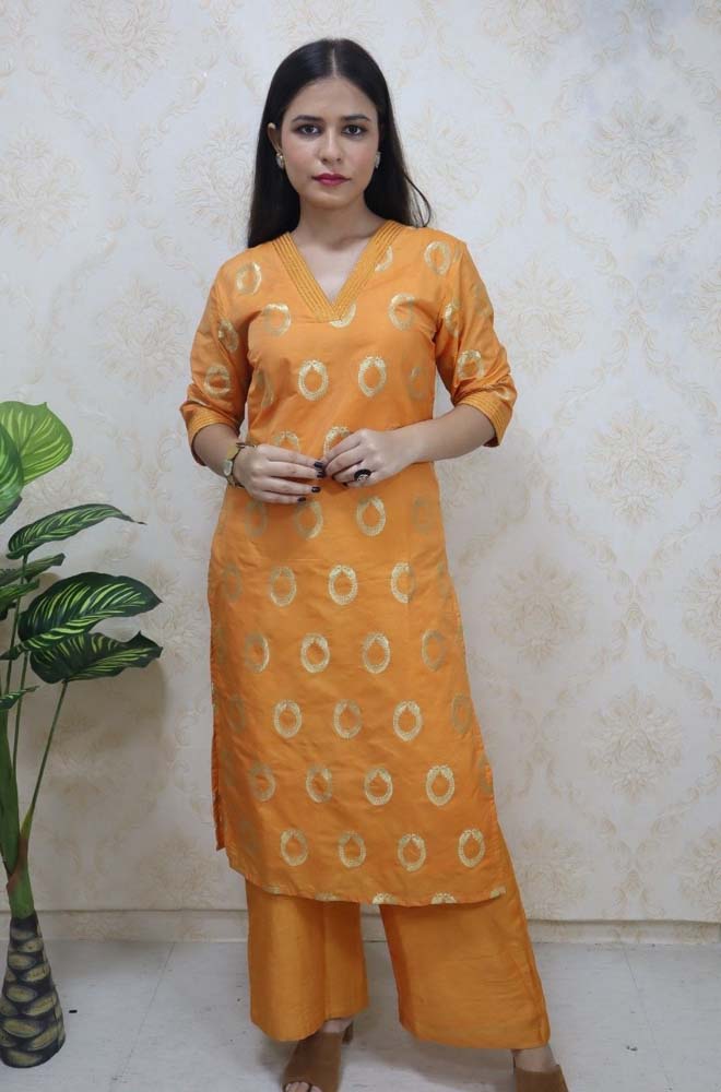 Stylish Orange Brocade V Neck Kurti Straight Pant Combo