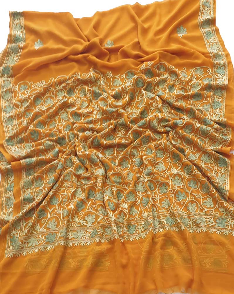 Orange Embroidered Kashmiri Aari Work Georgette Saree - Luxurion World