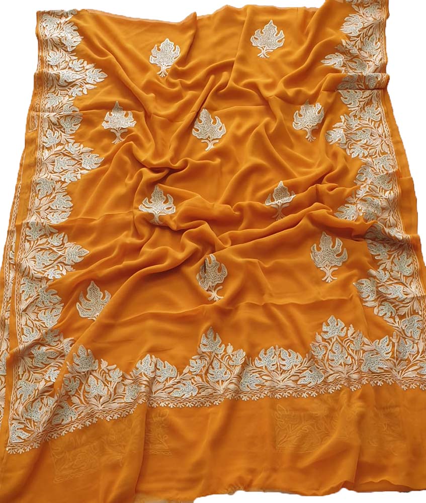 Orange Embroidered Kashmiri Aari Work Georgette Saree - Luxurion World