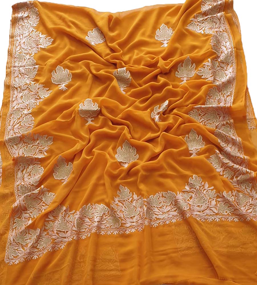 Orange Embroidered Kashmiri Aari Work Georgette Saree - Luxurion World