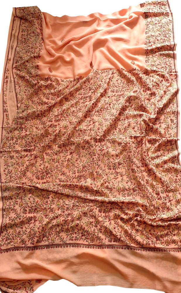 Orange Embroidered Kashmiri Sozni Work Crepe Flower Design Saree - Luxurion World