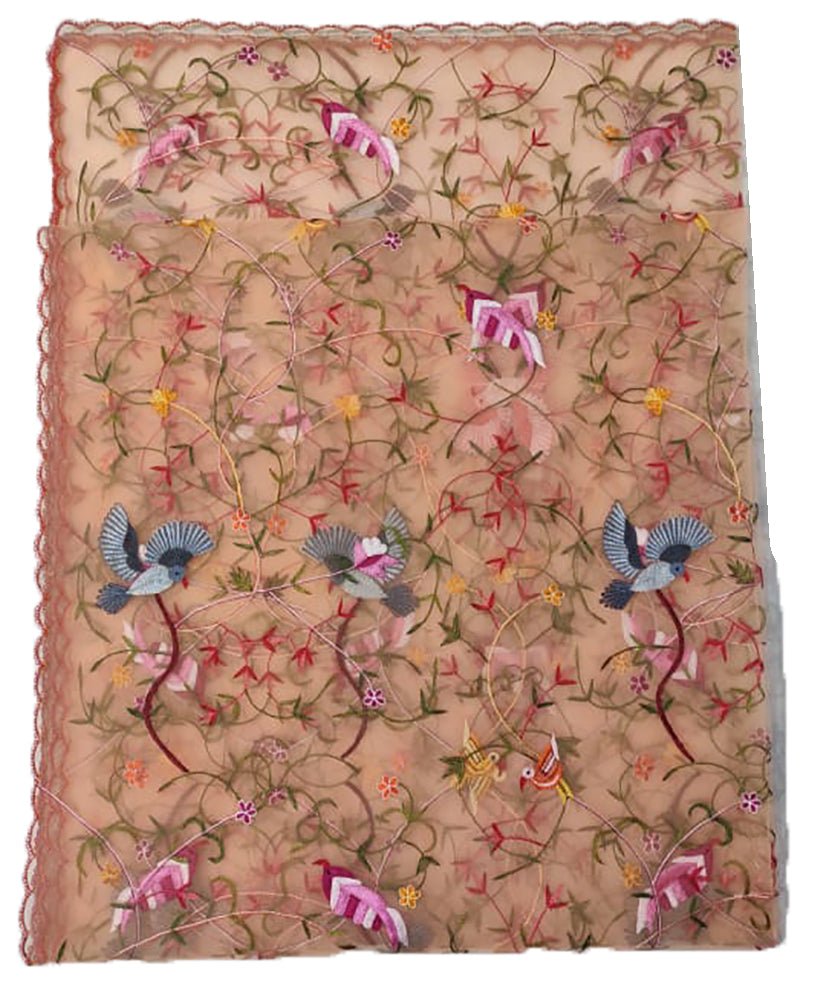 Orange Embroidered Parsi Convent Work Net Dupatta - Luxurion World