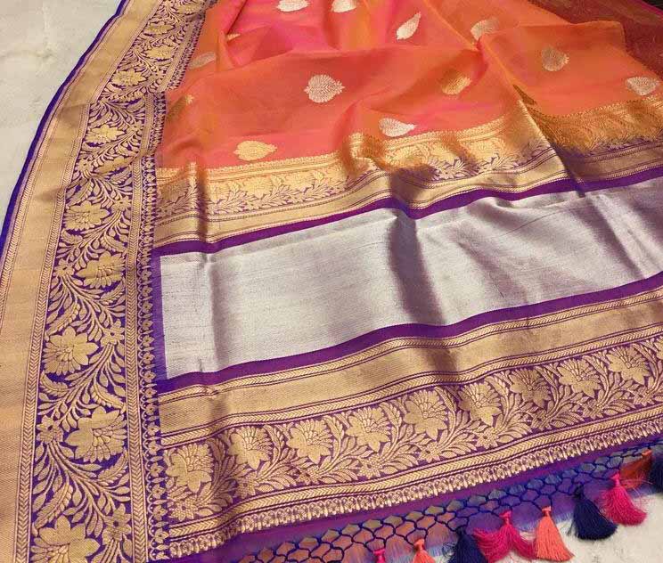 Orange Handloom Banarasi Kora Organza Silk Saree - Luxurion World