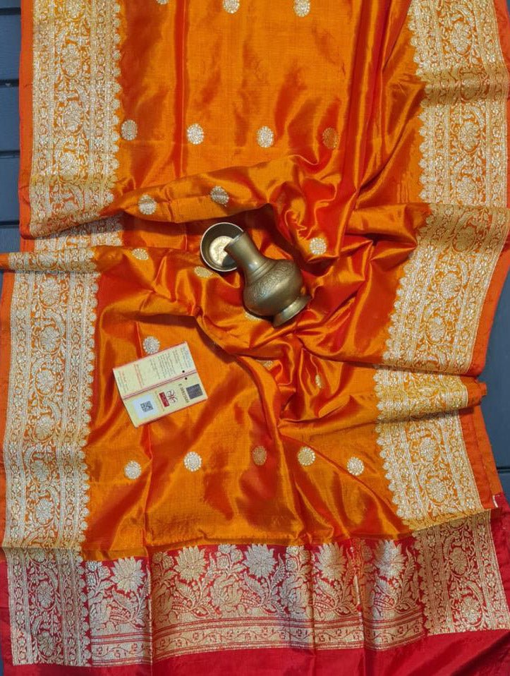 Orange Handloom Banarasi Pure Katan Silk Kadwa Dupatta - Luxurion World