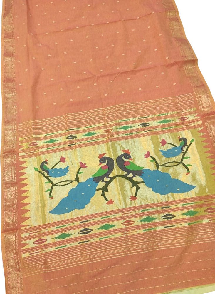 Orange Handloom Paithani Pure Cotton Peacock And Flower Design Saree - Luxurion World