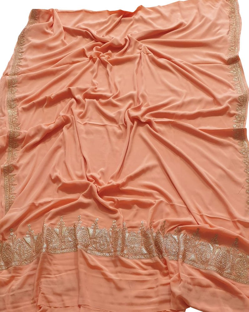 Orange Plain Embroidered Kashmiri Tila Work Crepe Saree - Luxurion World