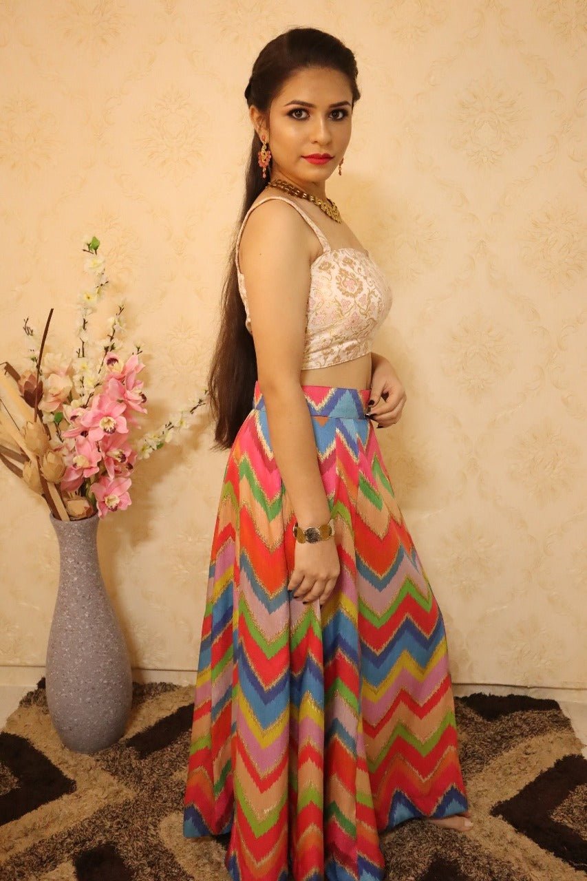 Panelled A Line Cut Multi Color Silk Skirt - Luxurion World