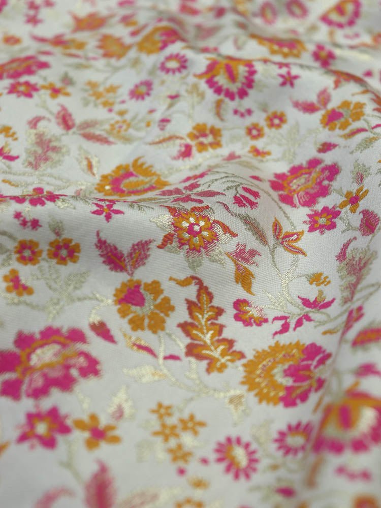 Pastel Banarasi Silk Meenakari Floral Design Fabric ( 1 Mtr ) - Luxurion World