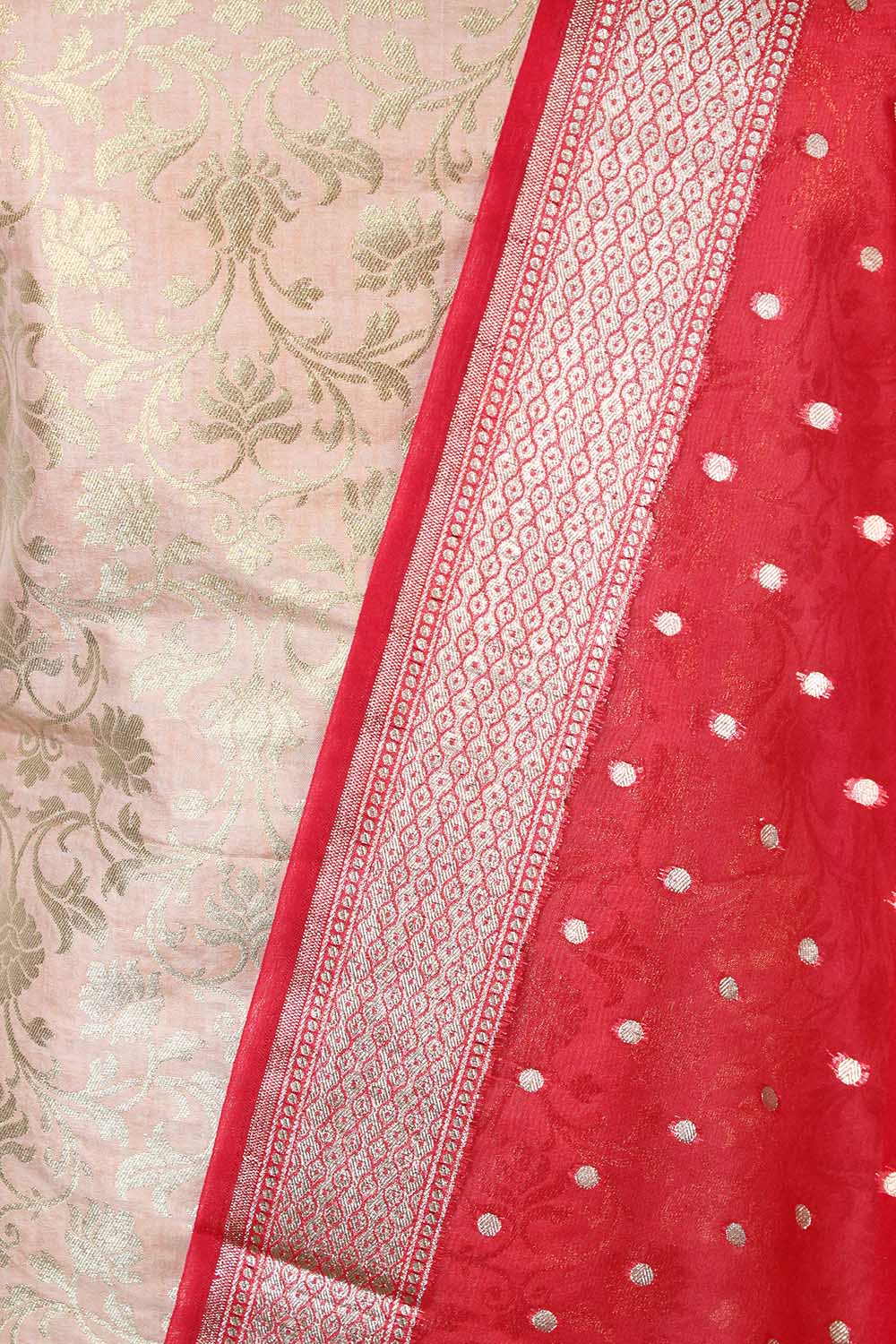 Pastel Banarasi Silk Suit With Red Banarasi Organza Dupatta - Luxurion World
