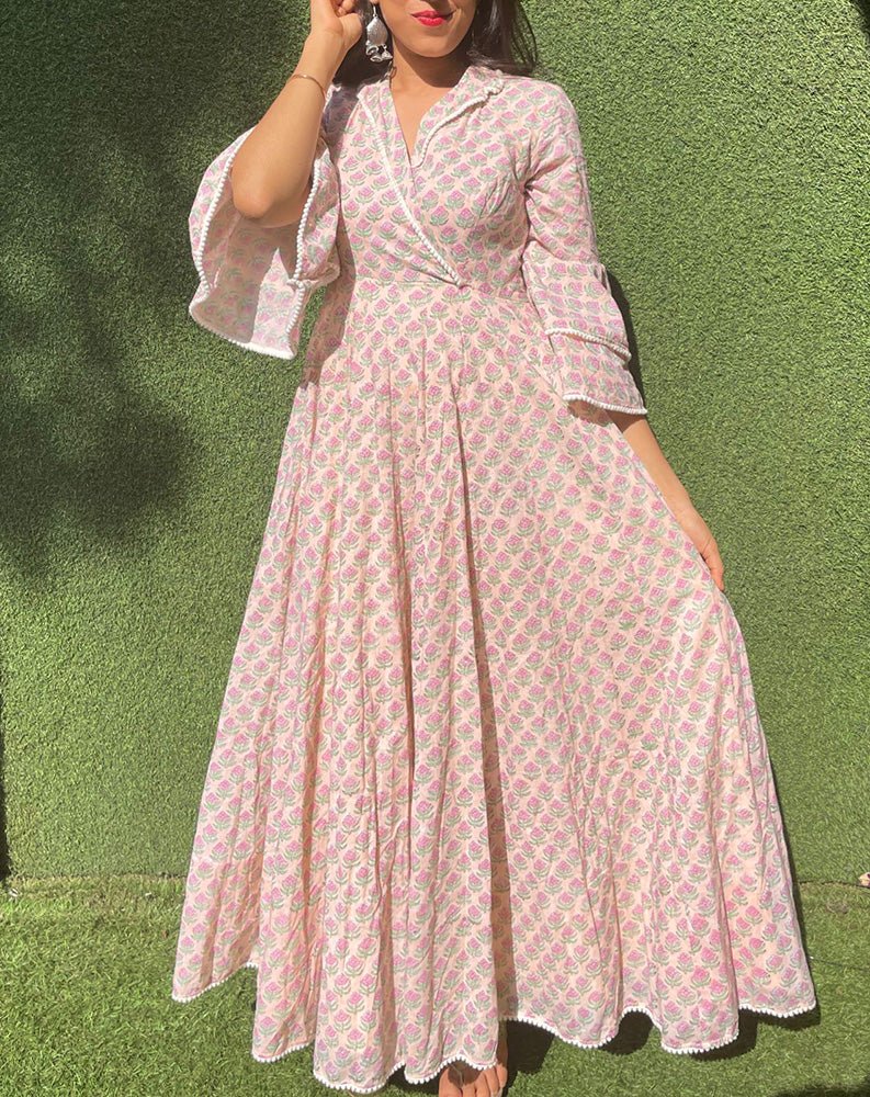 Pastel Block Printed Long Gown - Luxurion World
