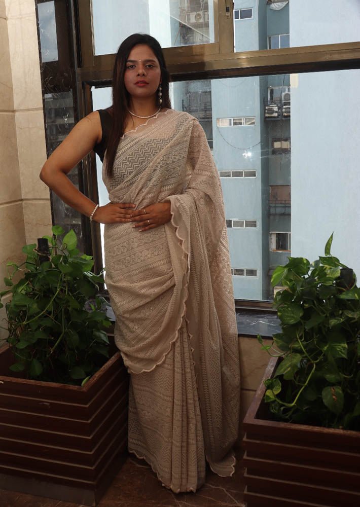 Pastel Embroidered Chikankari Georgette Sequins Work Saree - Luxurion World