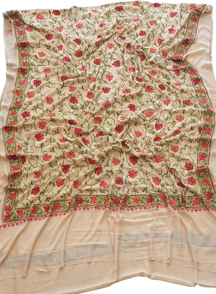 Pastel Embroidered Kashmiri Aari Work Crepe Flower Design Saree - Luxurion World