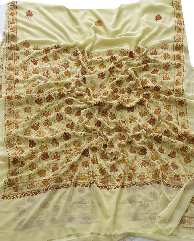Pastel Embroidered Kashmiri Aari Work Georgette Saree - Luxurion World