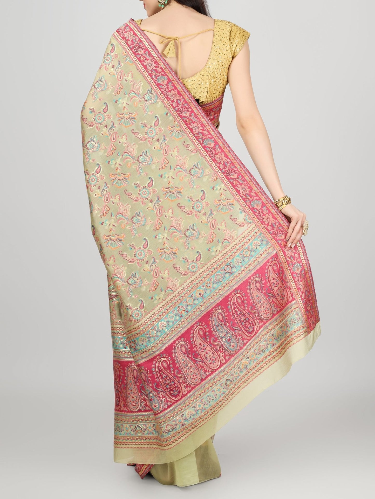 Pastel Embroidered Kashmiri Kani Work Pure Silk Saree - Luxurion World