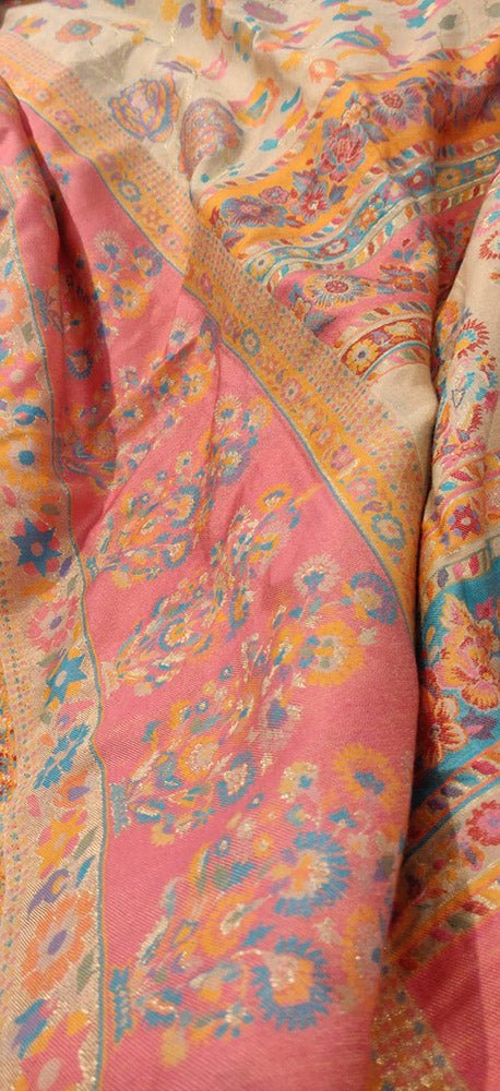Pastel Embroidered Kashmiri Kani Work Pure Silk Saree - Luxurion World