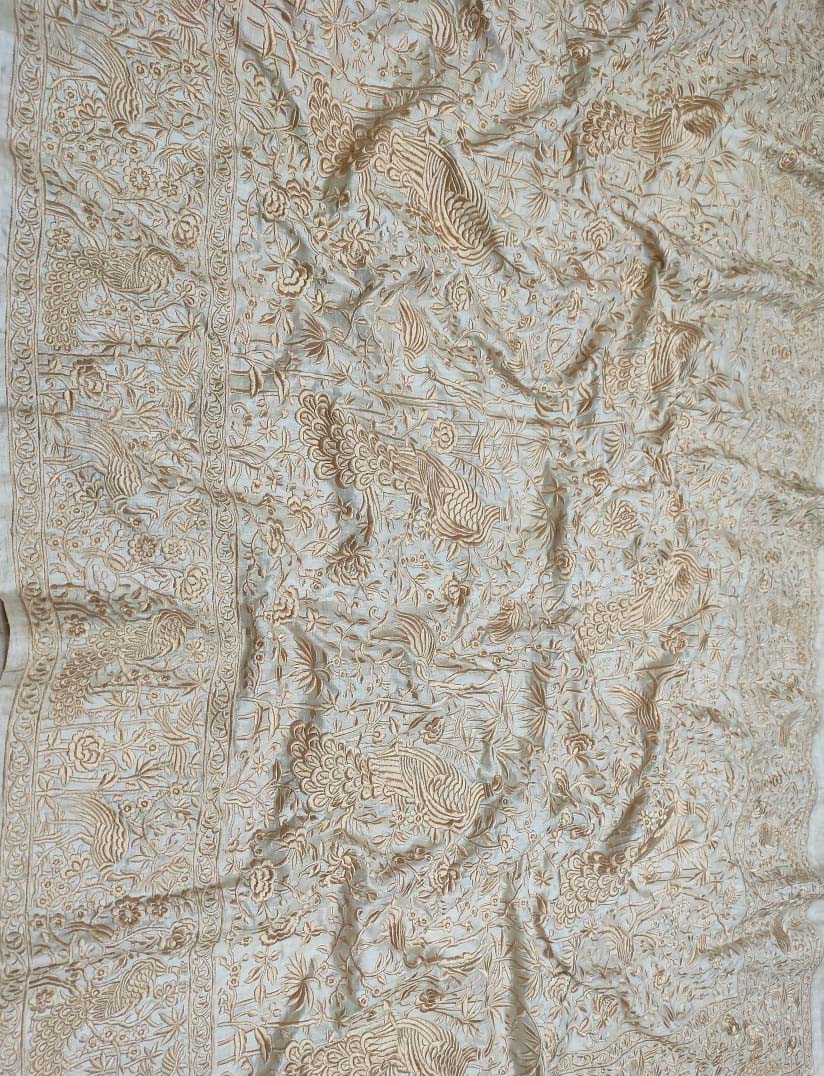 Pastel Embroidered Parsi Gara Georgette Floral And Bird Design Saree - Luxurion World