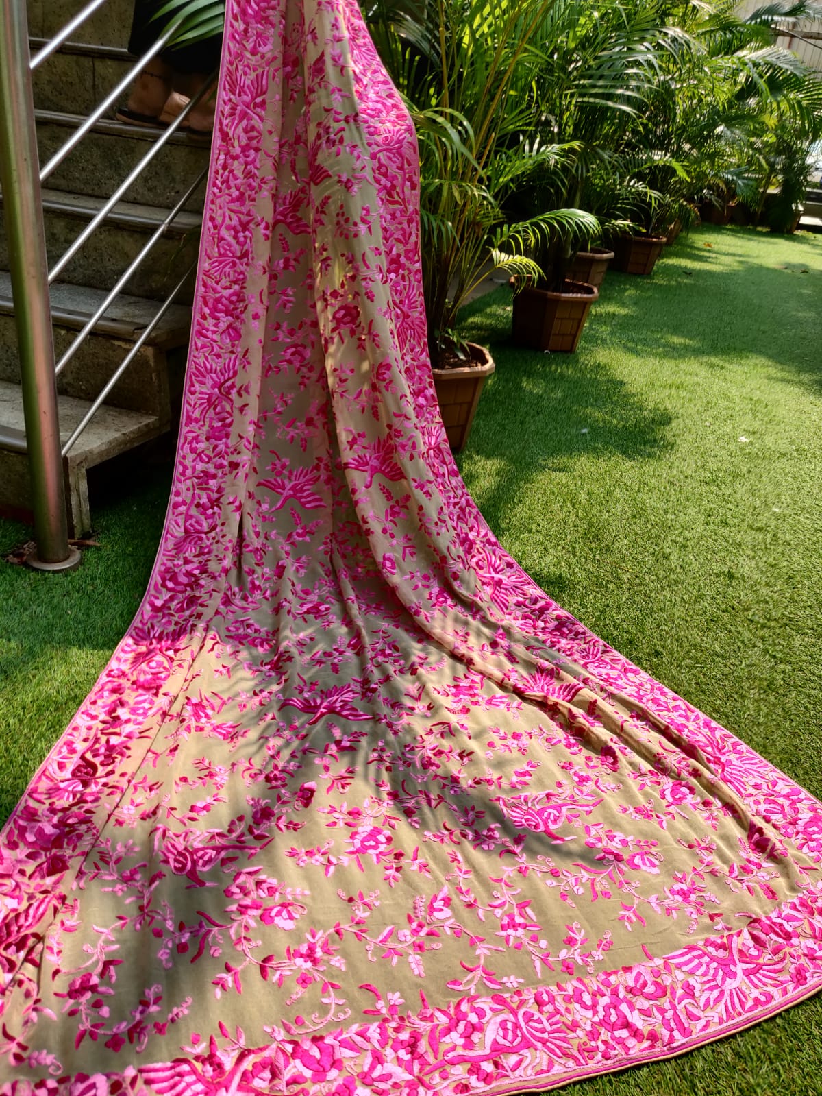 Pastel Hand Embroidered Parsi Gara Pure Georgette Dupatta - Luxurion World