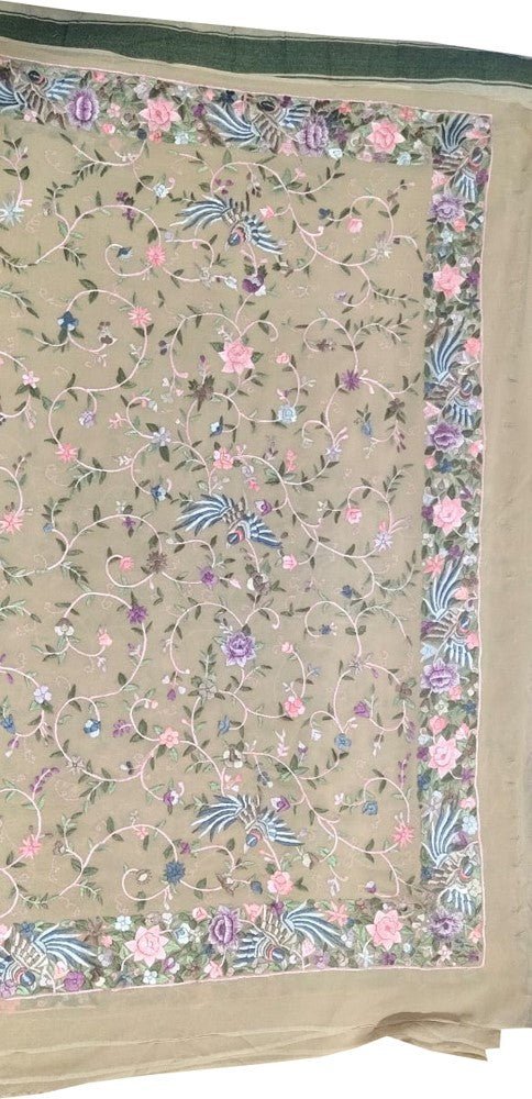Pastel Hand Embroidered Parsi Gara Pure Georgette Floral Design Saree - Luxurion World