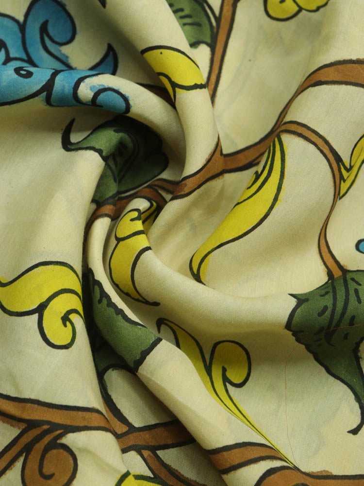 Pastel Hand Painted Kalamkari Pure Silk Fabric ( 1 Mtr ) - Luxurion World