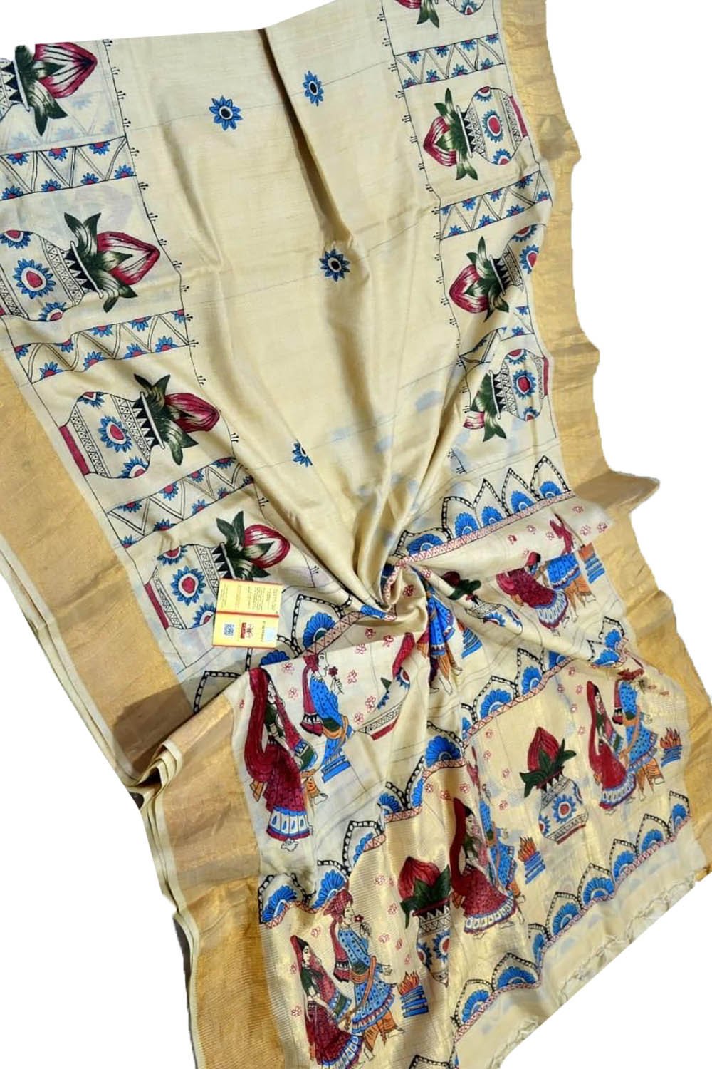 Pastel Hand Painted Madhubani Tussar Silk Saree - Luxurion World