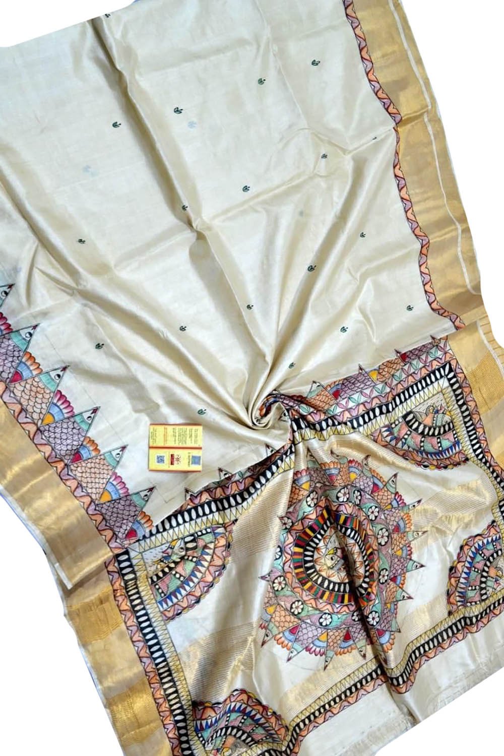 Pastel Hand Painted Madhubani Tussar Silk Saree - Luxurion World