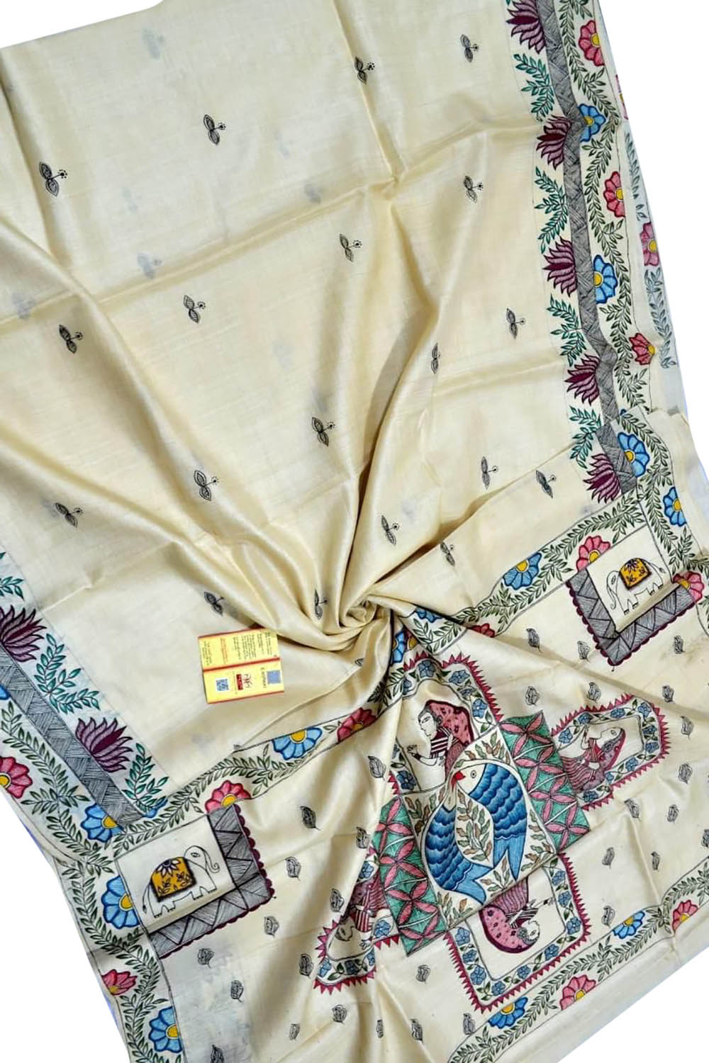 Pastel Hand Painted Madhubani Tussar Silk Saree - Luxurion World