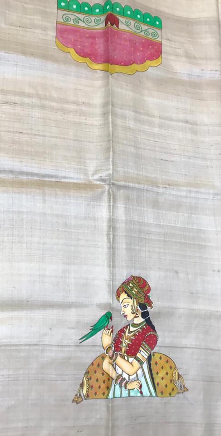 Pastel Hand Painted Madhubani Tussar Silk Unstitched Blouse Fabric ( 1 Mtr ) - Luxurion World