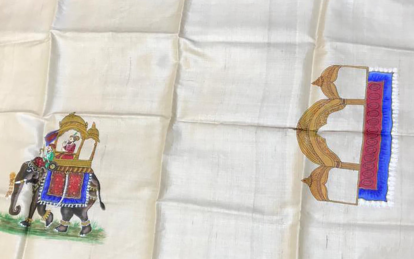 Pastel Hand Painted Madhubani Tussar Silk Unstitched Blouse Fabric ( 1 Mtr ) - Luxurion World