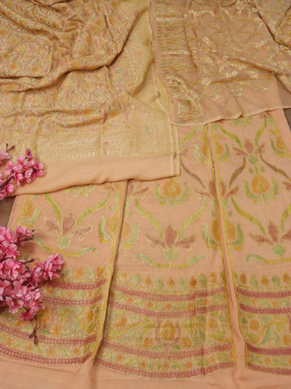 Pastel Handloom Banarasi Pure Georgette Brush Dyed Unstitched Lehenga Set - Luxurion World