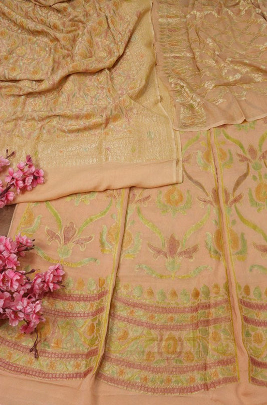 Pastel Handloom Banarasi Pure Georgette Brush Dyed Unstitched Lehenga Set - Luxurion World