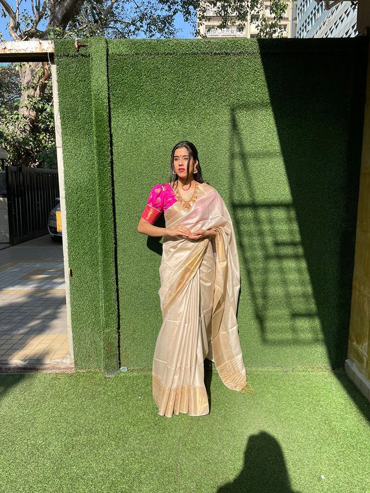 Pastel Handloom Bhagalpur Moonga Silk Plain Saree With Hand Painted Pure Silk Stitched Floral Design Blouse - Luxurion World